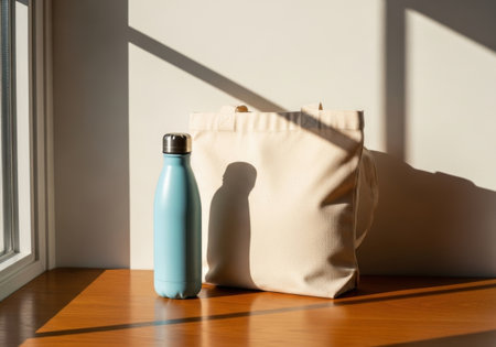 a still life featuring a blue water bottle and a beige tote bag illuminated by sunlight near a window sill indoors.の素材