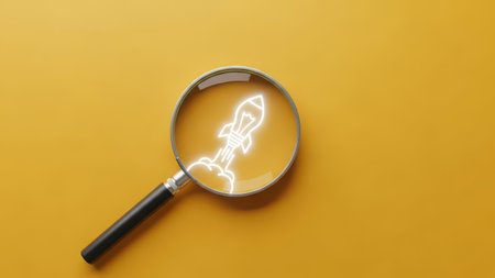 a magnifying glass focuses on a rocket launch, symbolizing startup growth and innovative business ideas on a yellow backgroundの素材