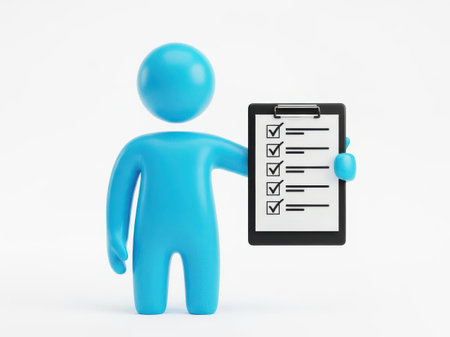 a blue stickman holding a clipboard with a checklist, symbolizing task management and project planning for organizationの素材
