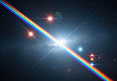 a vibrant rainbow light beam cuts across the dark expanse of outer space, illuminating distant stars in the cosmic voidの素材
