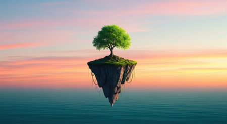 a serene digital artwork featuring a floating island with a lush green tree against a colorful sunset sky over calm waterの素材