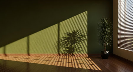 a bright room with a plant in a pot and sunlight streaming through the window blinds creating shadows on the wall and floorの素材
