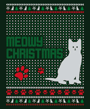 Meowy Christmas Typography ugly Christmas Sweatshirt Design for cat lovers with seamless pattern of dotsのイラスト素材