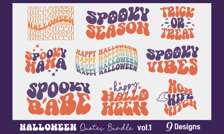 Happy Halloween Quotes Collection Set Retro Wavy Groovy colorful Typographic Art Sublimation Bundleのイラスト素材