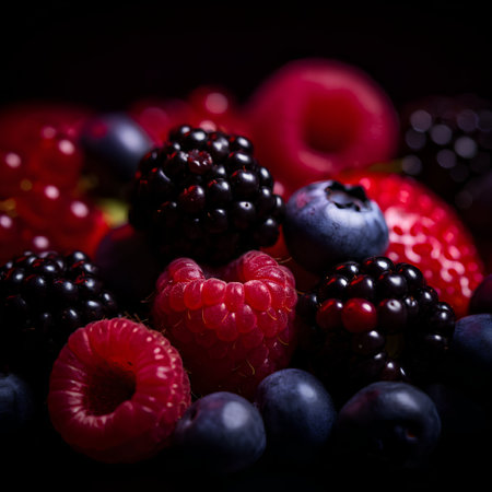 Blackberries, raspberries and blueberries on a black backgroundの素材