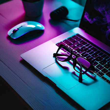 Glasses on laptop keyboard and mouse on dark background. 3d rendering.の素材