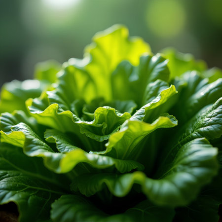 Close up of fresh green lettuce in vegetable garden, selective focus.の素材