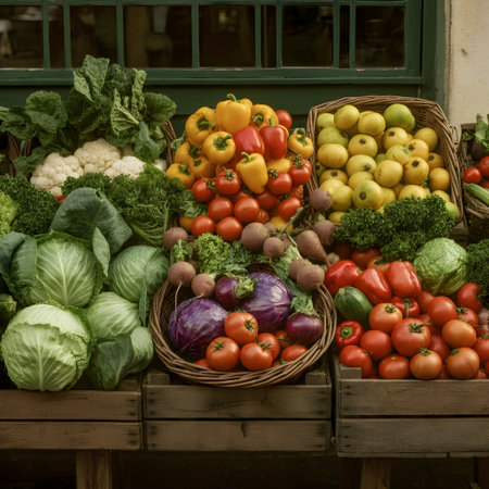 Variety of fresh vegetables in a basket at a farmers market.の素材