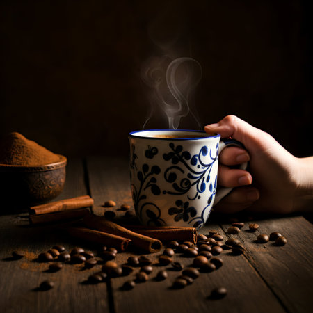 Coffee cup with coffee beans and cinnamon sticks on wooden tableの素材