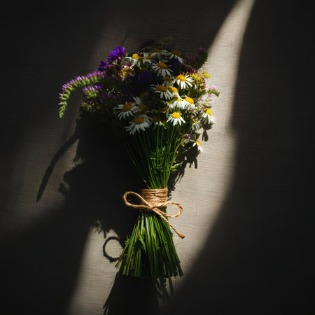Bouquet of wildflowers on a dark background with sunlightの素材