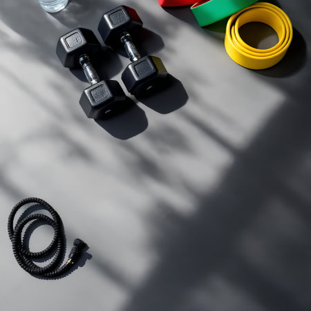 Fitness background with dumbbells and skipping rope. Flat lay, top viewの素材
