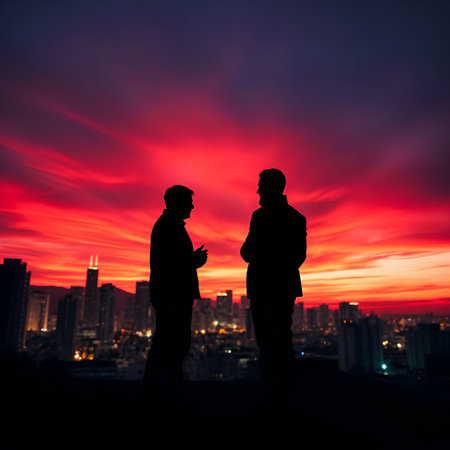 Silhouette of two business people standing in the city at sunsetの素材