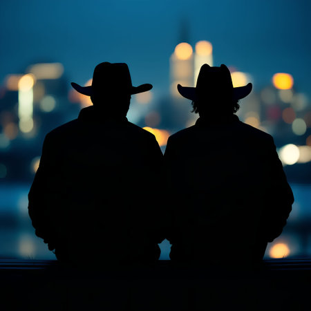 Silhouette of two men in cowboy hats against the background of the night cityの素材