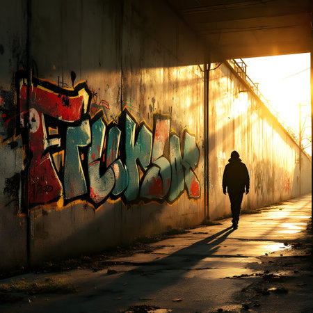 Silhouette of a walking man in front of a graffiti wallの素材