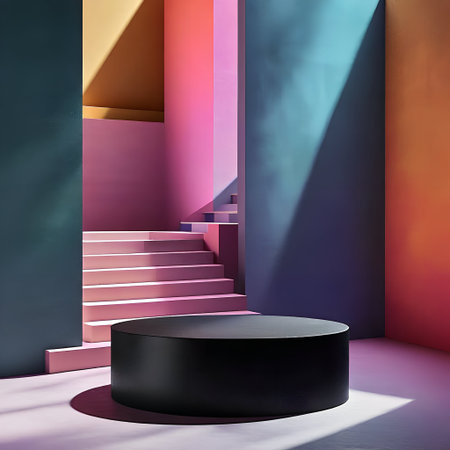 3d render, abstract background with geometric shapes, podiums, stairs and pastel colorsの素材