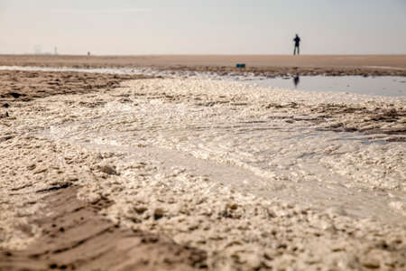 Close-up of dirty foam of seawater which is  lying on the beach