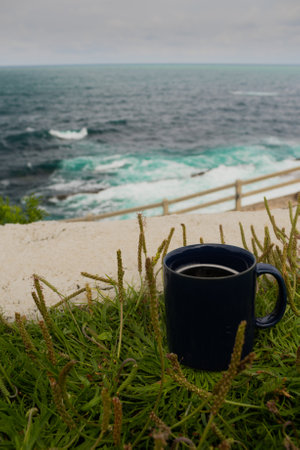 Hot coffee near the seaの写真素材