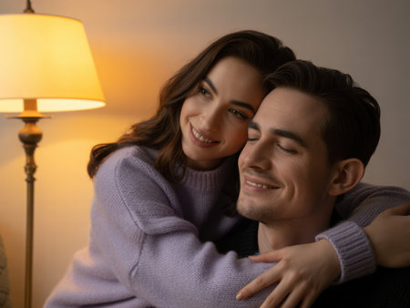 A loving couple embraces in a cozy room with a lamp providing warm light. The woman is hugging the man from behind and they are both smiling. They are wearing sweaters.の素材