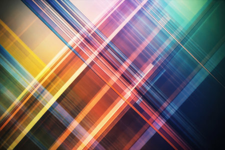 An abstract digital artwork featuring a dynamic interplay of colorful diagonal lines and light streaks. The composition creates a sense of movement and depth, perfect for modern backgrounds.の素材