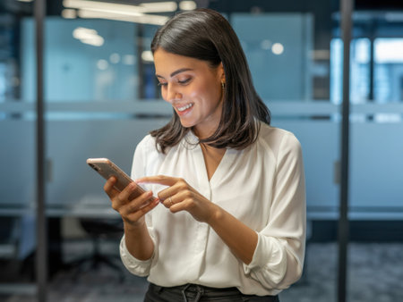 A woman is smiling while using her smartphone in a modern office. She is wearing a white blouse and black pants. The office has glass walls and a blurred background.の素材