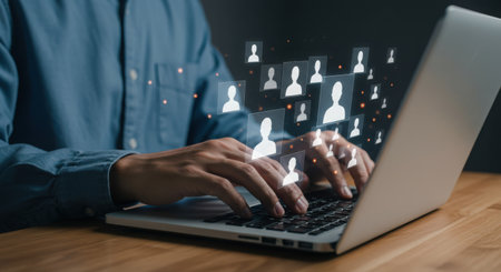 A person is typing on a laptop keyboard with social network icons floating above it, representing online communication and digital connection in business.の素材