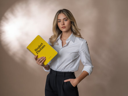 A young woman holds a yellow notebook with Project Phoenix written on it. She is indoors, in a studio with a light background. She is wearing a white shirt and black pants.の素材