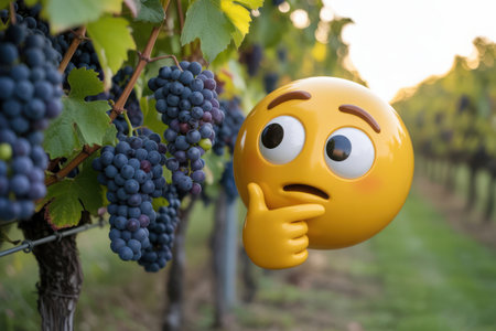A yellow emoji with a thoughtful expression and finger on its chin appears next to ripe grapes in a vineyard, symbolizing contemplation, choice, and the process of making decisions.の素材