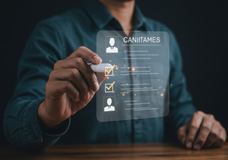 The image shows a person holding a candidate checklist with some tasks completed, indicated by check marks, and a pen, suggesting a review process.の素材