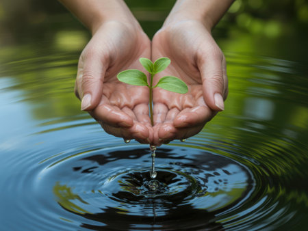 A pair of hands gently cradling a small plant, with water droplets creating ripples on the water surface, symbolizing growth, nature, and environmental care.の素材