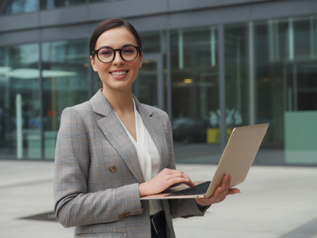 A smiling businesswoman is working on her laptop outside a modern office building with a glass facade. She is a professional, confident, and stylish executive.の素材