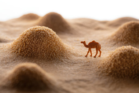A tiny diorama showcases a lone camel navigating a stylized desert with soft, undulating sand dunes. The scene evokes a sense of vastness and solitude in a miniature arid environment.の素材