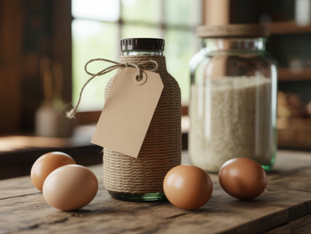 A charming scene featuring a rustic glass jar tied with twine and a blank tag, surrounded by fresh eggs on a wooden surface. Soft natural light creates a warm and inviting ambiance.の素材