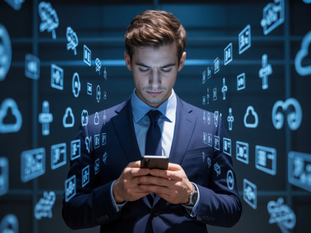 A businessman is using his smartphone with digital icons floating around him. He is wearing a suit and tie, and the background is dark, emphasizing the digital aspect.の素材