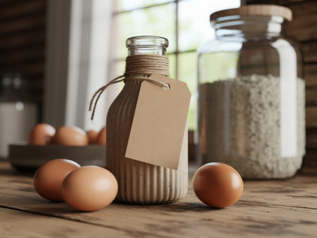 A warm and inviting still life captures fresh eggs and bottled contents on a wooden surface, evoking a sense of home-baked goodness and culinary preparation.の素材