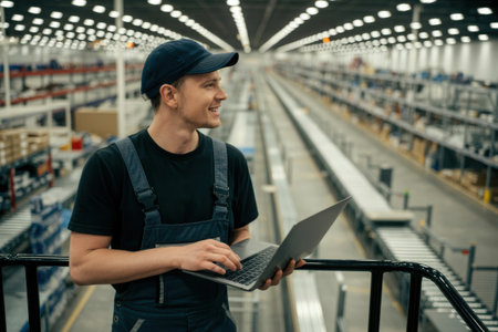 A focused man wearing a dark baseball cap and t-shirt stands in a brightly lit warehouse aisle. He holds a tablet, appearing engaged in his work or observations.の素材