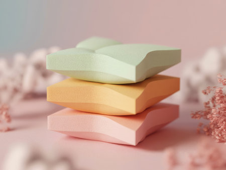 A delightful stack of three pastel soaps in soft hues, artfully arranged with delicate floral elements in the background.の素材