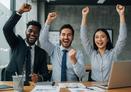 A diverse team of three celebrates success in the office. They are cheering and raising their fists in the air. They are sitting at a desk with a laptop.の素材