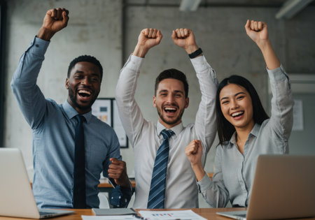 A diverse team of three celebrates a victory in their modern office. They are raising their arms, smiling, and expressing joy over their accomplishment together.の素材