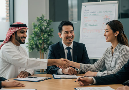 An Arab businessman and an Asian businesswoman are shaking hands during a business meeting. A man in a suit is sitting between them. They are smiling and happy.の素材