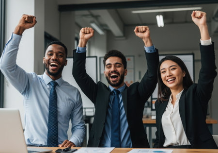 A diverse team of three business professionals celebrates a significant achievement with raised fists and joyful expressions in a modern office setting. They are smiling.の素材