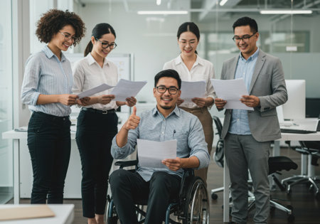 A diverse group of business professionals celebrating a success in the office. A man in a wheelchair is giving a thumbs up, surrounded by his colleagues.の素材