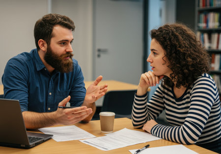 A bearded man explains something to a woman with curly hair while sitting at a table with papers, a laptop, and a coffee cup in a library setting.の素材