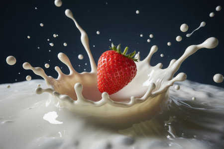 A vibrant red strawberry plunges into a pool of white liquid, creating a dynamic splash and droplets against a dark background.の素材
