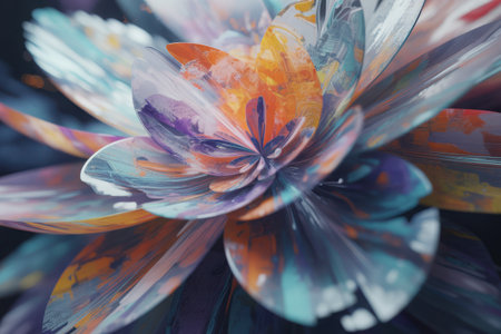 A close-up, abstract view of a flower's petals, showcasing a blend of vibrant blues, purples, oranges, and whites with a painterly texture.の素材