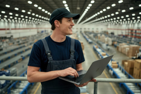 A cheerful man wearing a baseball cap and overalls holds a laptop while standing in a vast industrial warehouse, showcasing modern operations and skilled labor.の素材