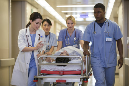 A dedicated team of medical professionals swiftly moves a patient on a stretcher down a bright hospital hallway. Emphasizing speed and critical care, this scene highlights emergency medical response.の素材