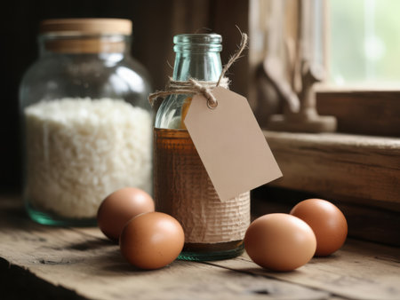 A rustic still life arrangement featuring farm fresh eggs, a bottle of oil, and a jar of grains on a weathered wooden surface.の素材
