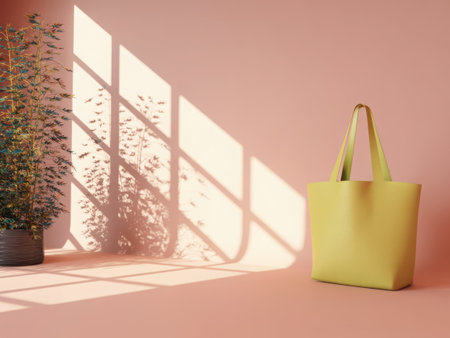 A simple yellow tote bag stands against a pink wall, illuminated by geometric sunlight and shadow patterns from a nearby plant.の素材