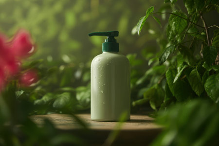 A serene and natural scene featuring a skincare bottle with a dispenser pump, nestled amongst vibrant green leaves and delicate pink blossoms, evoking a sense of organic purity and tranquility.の素材
