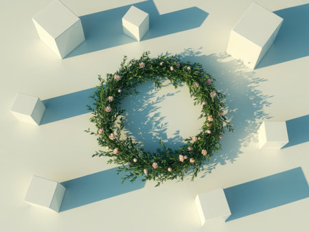 An artfully arranged green wreath with delicate white embellishments is presented from a high vantage point, casting sharp geometric shadows across a subtly textured surface.の素材
